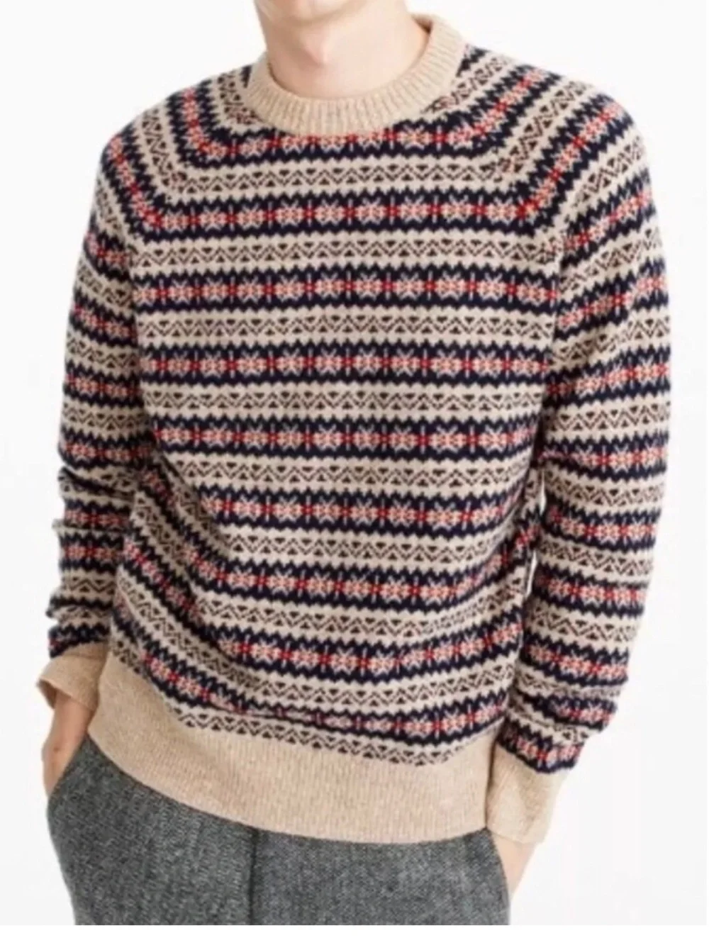 J. Crew 100% Lambswool Wool Fair Isle Crew Neck Sweater Tan Navy Red Mens Large